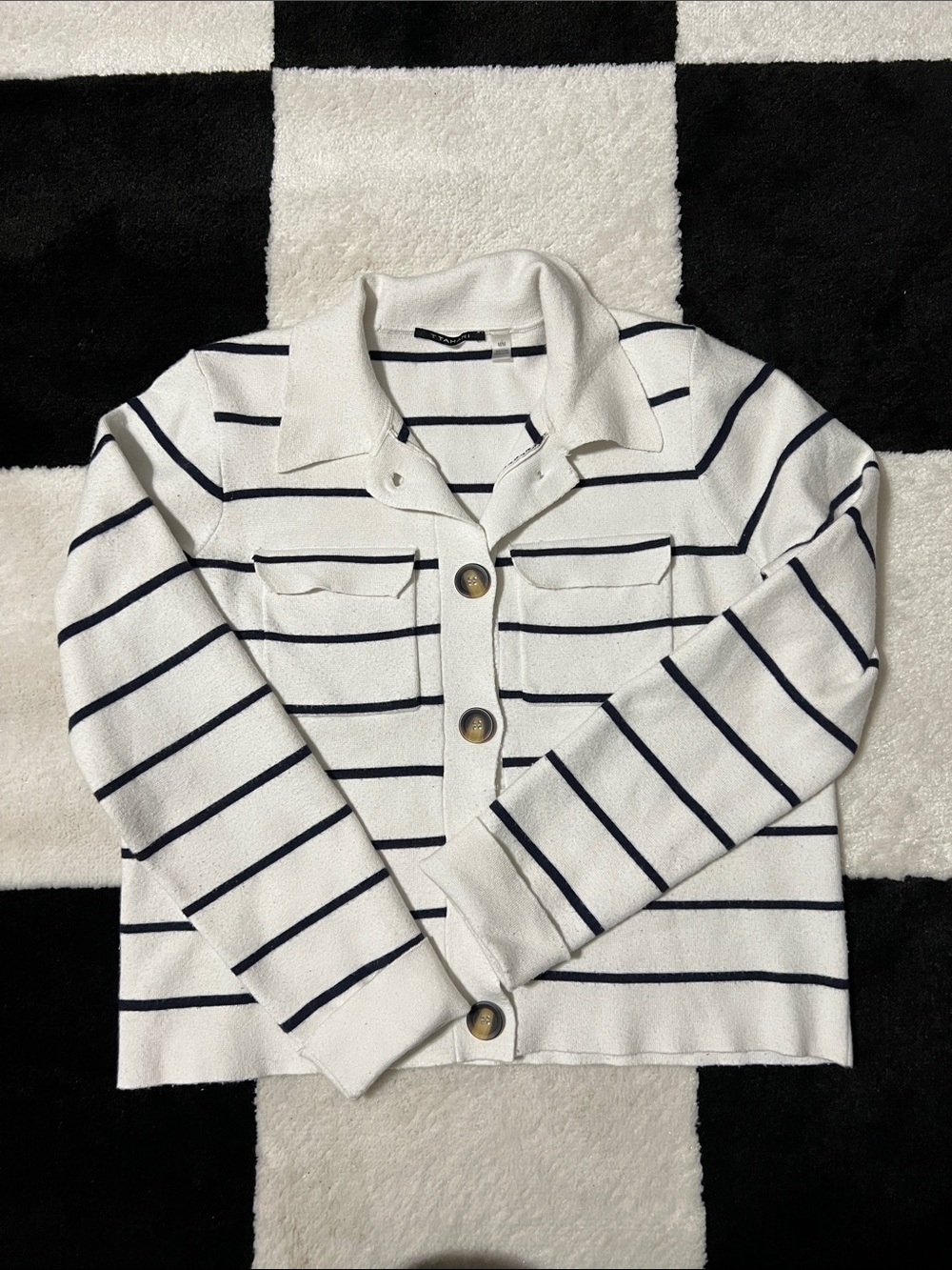 T Tahari White and Navy Striped Polo Cardigan